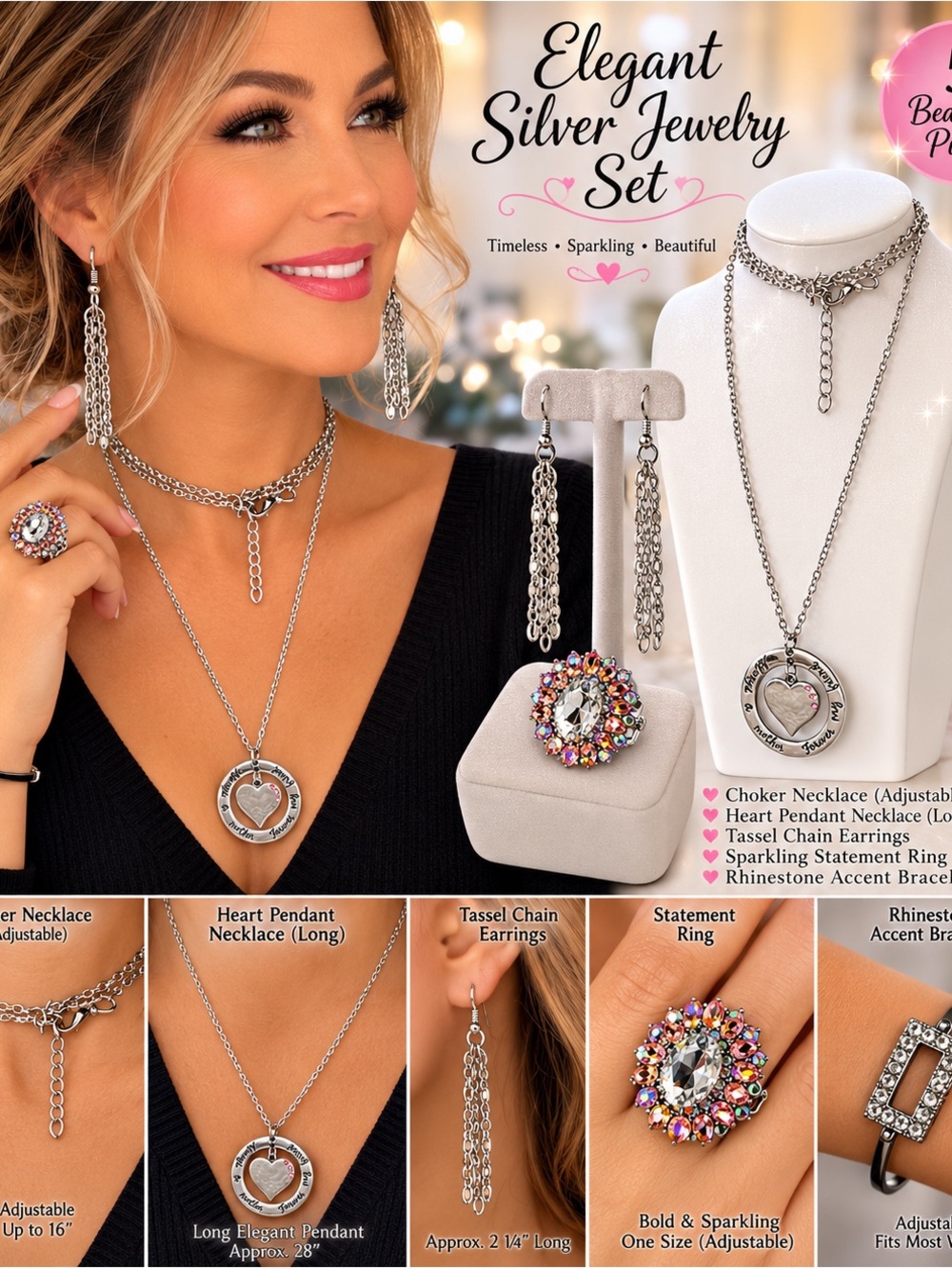 5 piece Elegant Silver Heart Pendant-Tassel Earrings-Silver-Ring & Bracelet